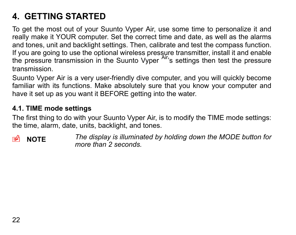 Getting started, Time mode settings | SUUNTO Vyper Air User Manual | Page 22 / 124