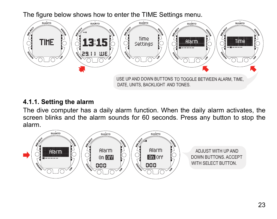 Setting the alarm | SUUNTO Vyper Air User Manual | Page 23 / 124