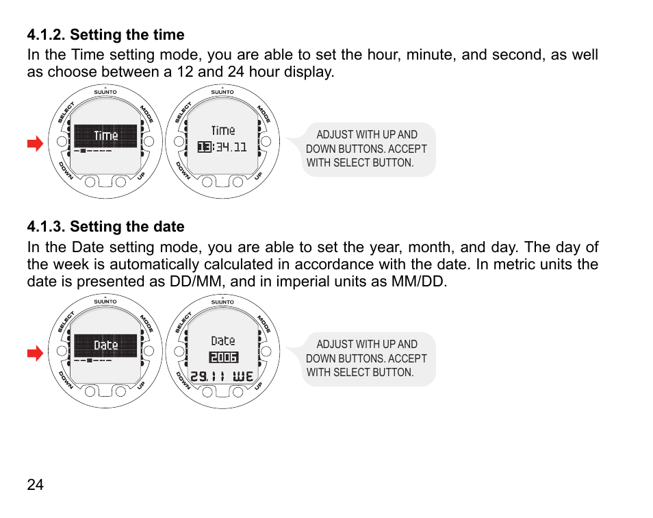Setting the time, Setting the date, 24 4.1.3. setting the date | SUUNTO Vyper Air User Manual | Page 24 / 124