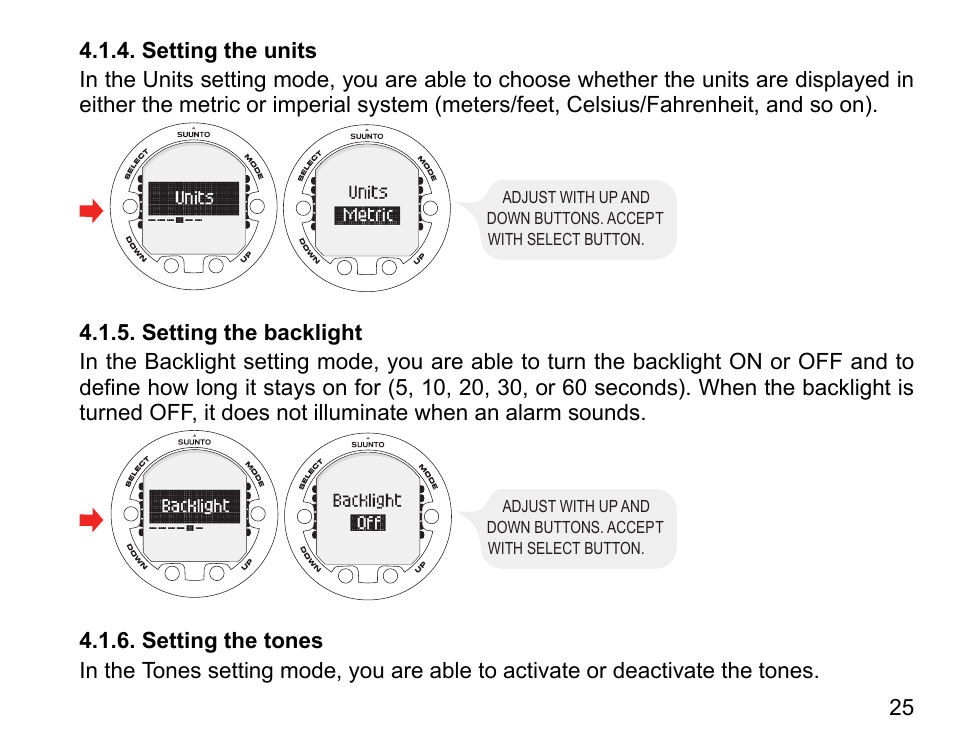 Setting the units, Setting the backlight, Setting the tones | 25 4.1.5. setting the backlight, 25 4.1.6. setting the tones | SUUNTO Vyper Air User Manual | Page 25 / 124