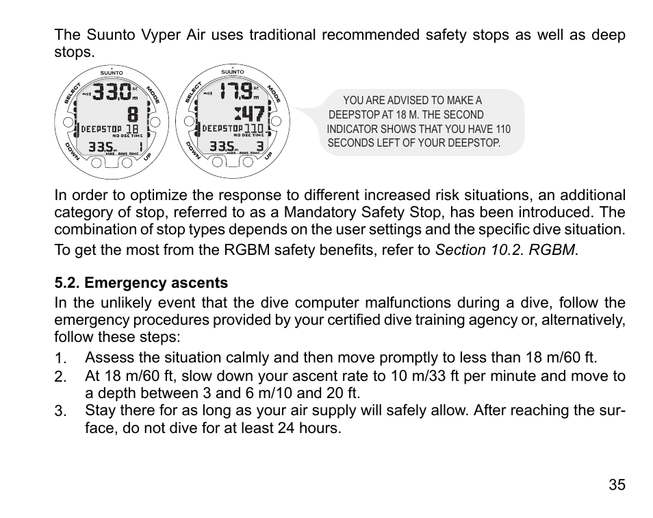 Emergency ascents | SUUNTO Vyper Air User Manual | Page 35 / 124
