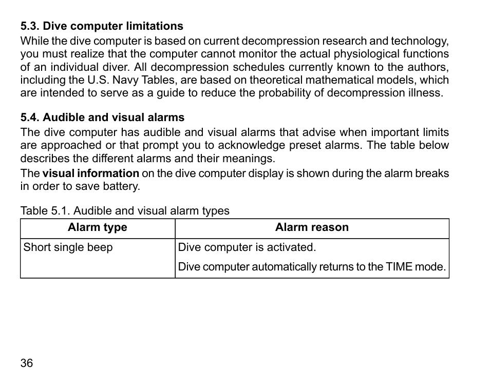 Dive computer limitations, Audible and visual alarms, 36 5.4. audible and visual alarms | SUUNTO Vyper Air User Manual | Page 36 / 124