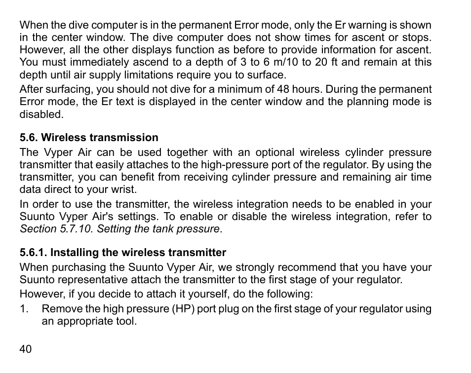 Wireless transmission, Installing the wireless transmitter | SUUNTO Vyper Air User Manual | Page 40 / 124