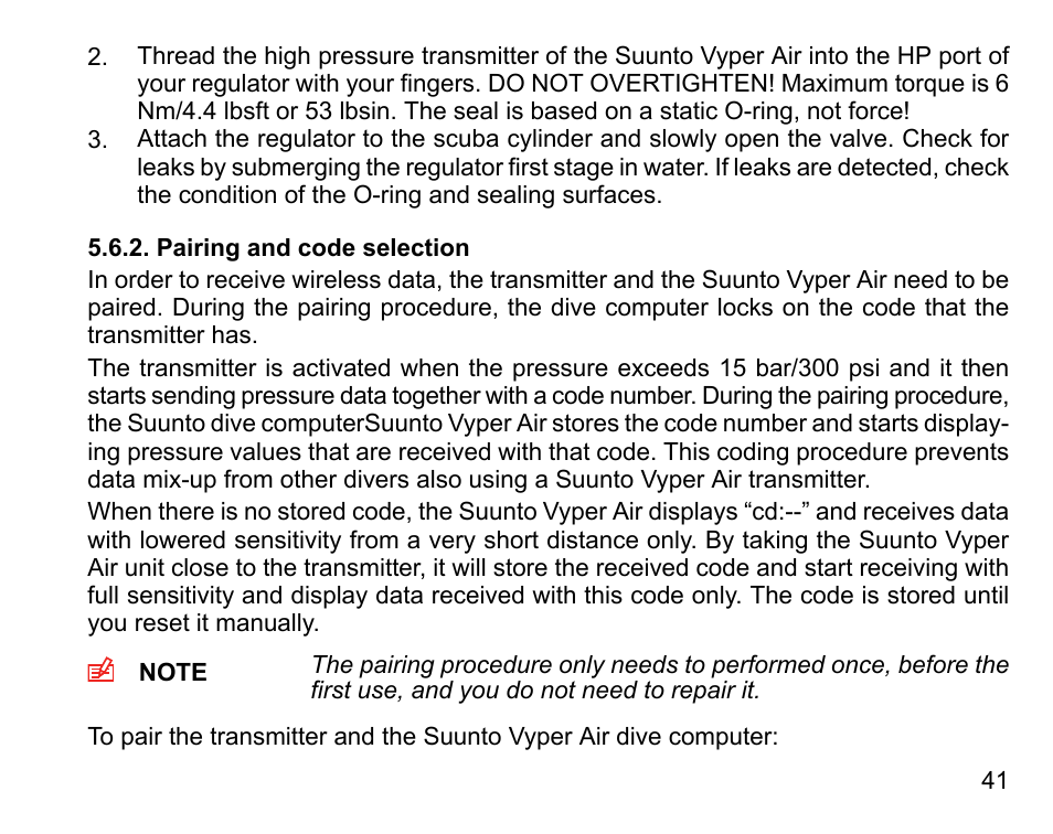 Pairing and code selection | SUUNTO Vyper Air User Manual | Page 41 / 124