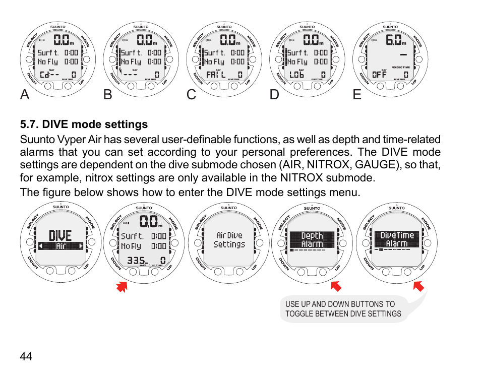 Dive mode settings, Ab c d e | SUUNTO Vyper Air User Manual | Page 44 / 124