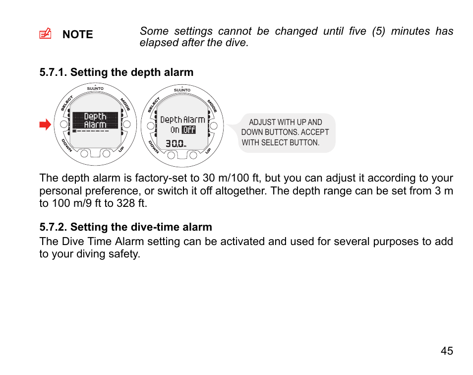 Setting the depth alarm, Setting the dive-time alarm, 45 5.7.2. setting the dive-time alarm | SUUNTO Vyper Air User Manual | Page 45 / 124