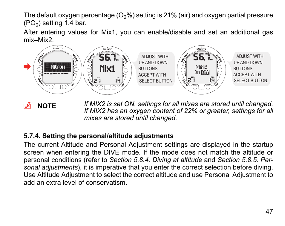 Setting the personal/altitude adjustments | SUUNTO Vyper Air User Manual | Page 47 / 124