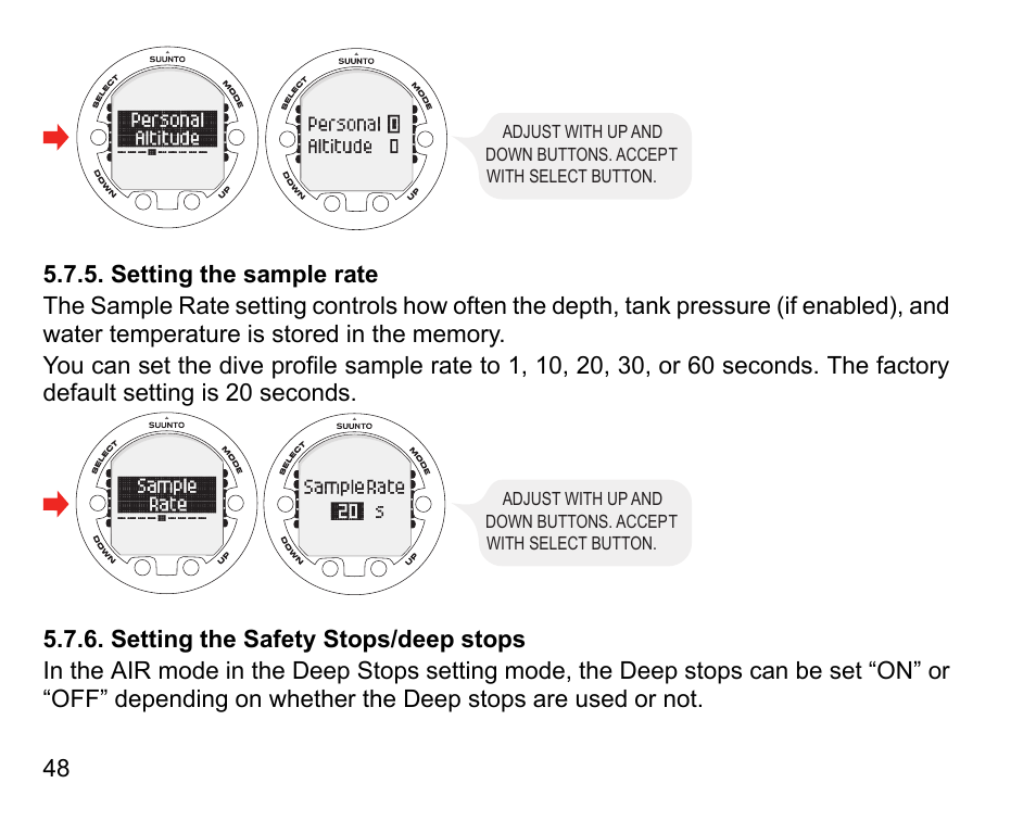 Setting the sample rate, Setting the safety stops/deep stops, 48 5.7.6. setting the safety stops/deep stops | SUUNTO Vyper Air User Manual | Page 48 / 124
