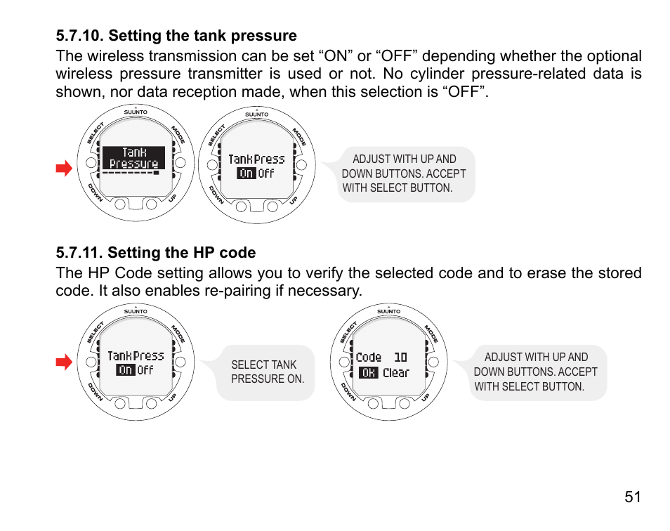 Setting the tank pressure, Setting the hp code, 51 5.7.11. setting the hp code | SUUNTO Vyper Air User Manual | Page 51 / 124