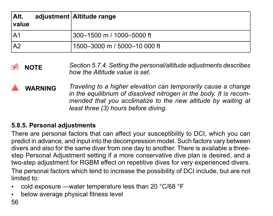 Personal adjustments | SUUNTO Vyper Air User Manual | Page 56 / 124