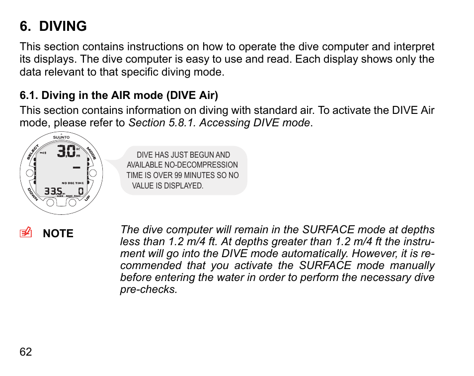 Diving, Diving in the air mode (dive air) | SUUNTO Vyper Air User Manual | Page 62 / 124