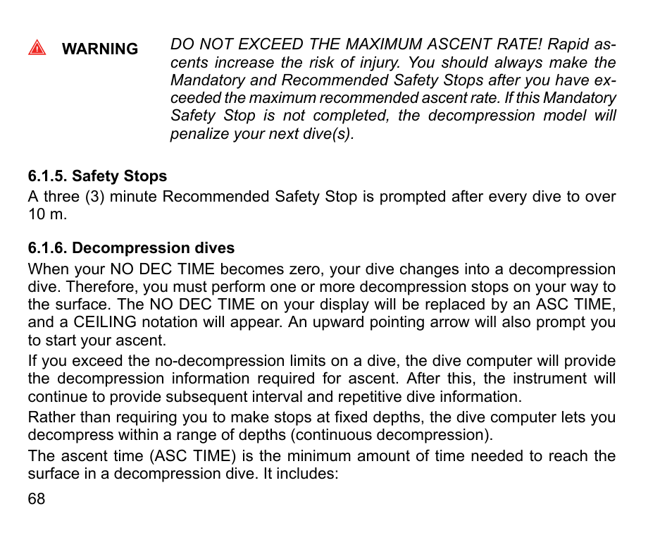 Safety stops, Decompression dives, 68 6.1.6. decompression dives | SUUNTO Vyper Air User Manual | Page 68 / 124