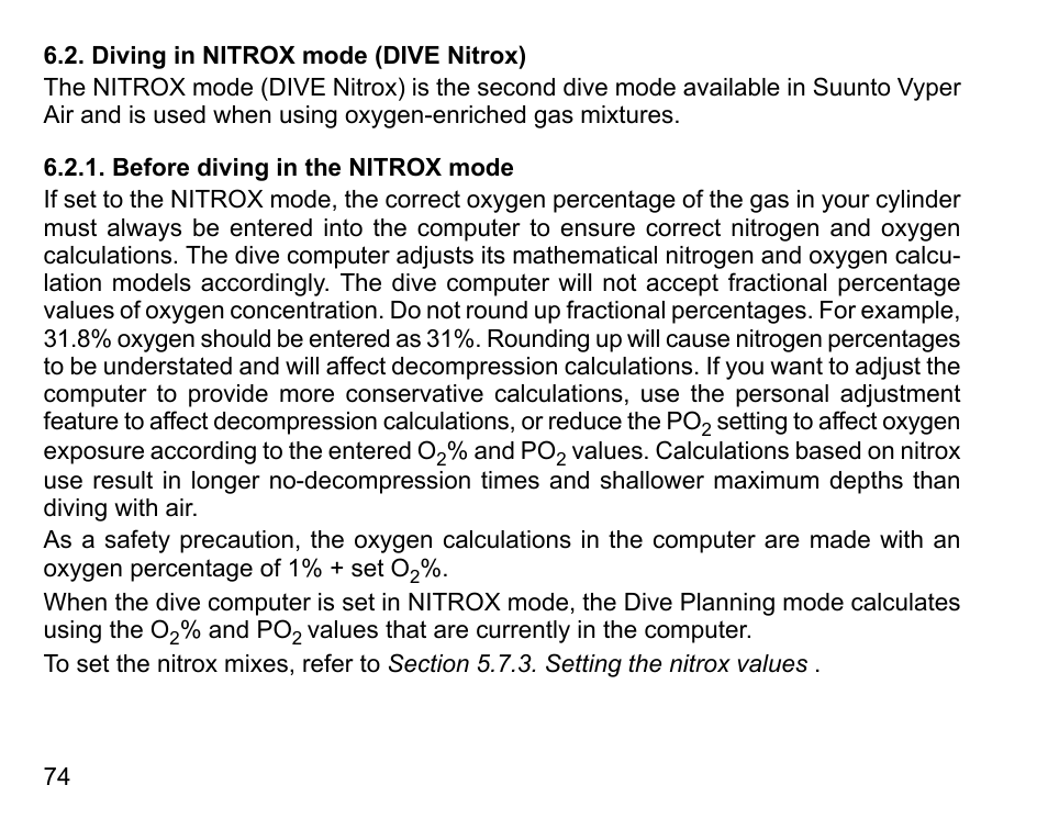 Diving in nitrox mode (dive nitrox), Before diving in the nitrox mode | SUUNTO Vyper Air User Manual | Page 74 / 124