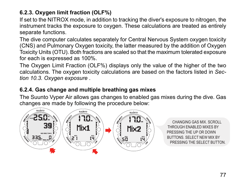 Oxygen limit fraction (olf%), Gas change and multiple breathing gas mixes | SUUNTO Vyper Air User Manual | Page 77 / 124