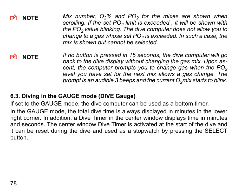 Diving in the gauge mode (dive gauge) | SUUNTO Vyper Air User Manual | Page 78 / 124