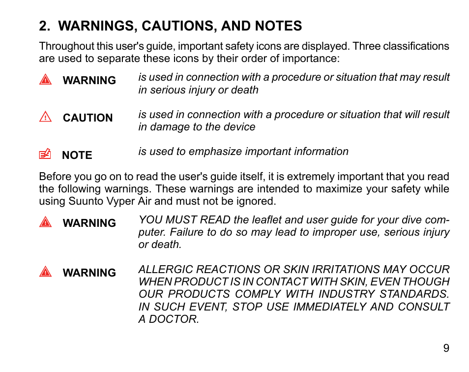 Warnings, cautions, and notes | SUUNTO Vyper Air User Manual | Page 9 / 124