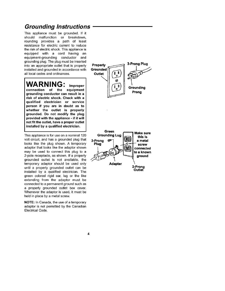 Grounding instructions, Prong cp, Prong | Warning | Craftsman 113.177135 User Manual | Page 4 / 12