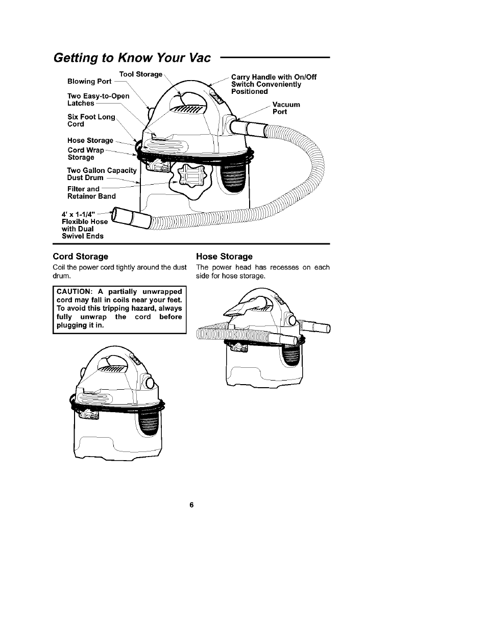 Getting to know your vac, Cord storage hose storage | Craftsman 113.177135 User Manual | Page 6 / 12