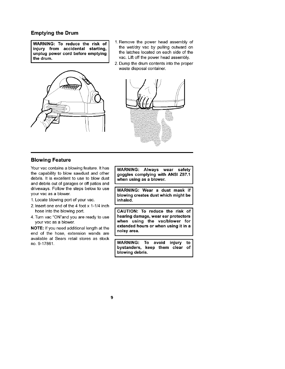 Emptying the drum, Blowing feature, Emptying the dust drum blowing feature | Craftsman 113.177135 User Manual | Page 9 / 12