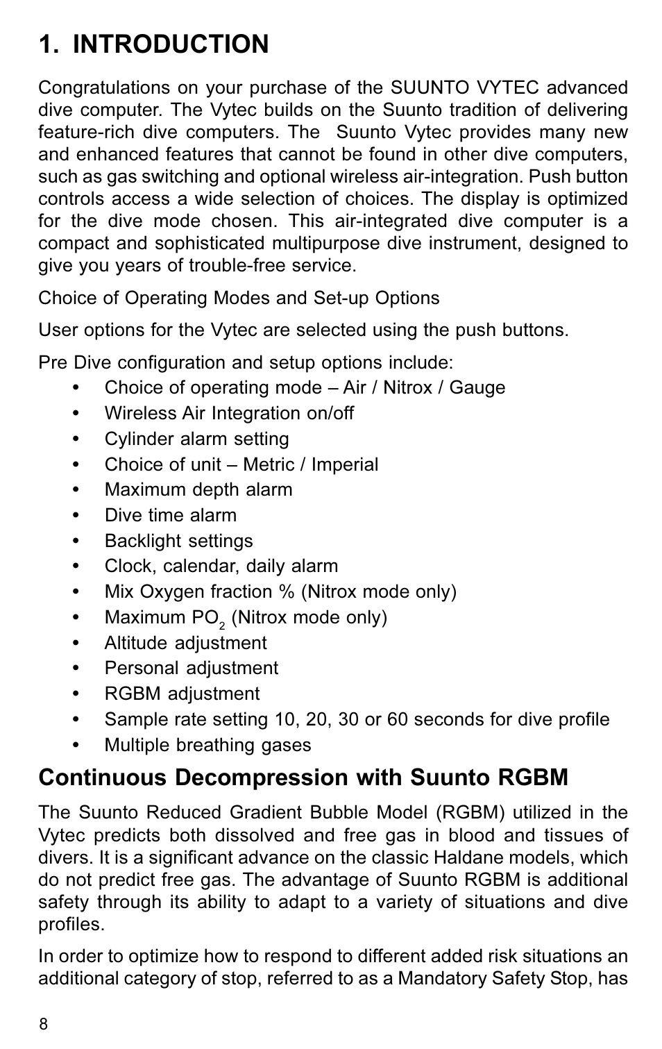 Introduction, Continuous decompression with suunto rgbm | SUUNTO VYTEC User Manual | Page 10 / 84