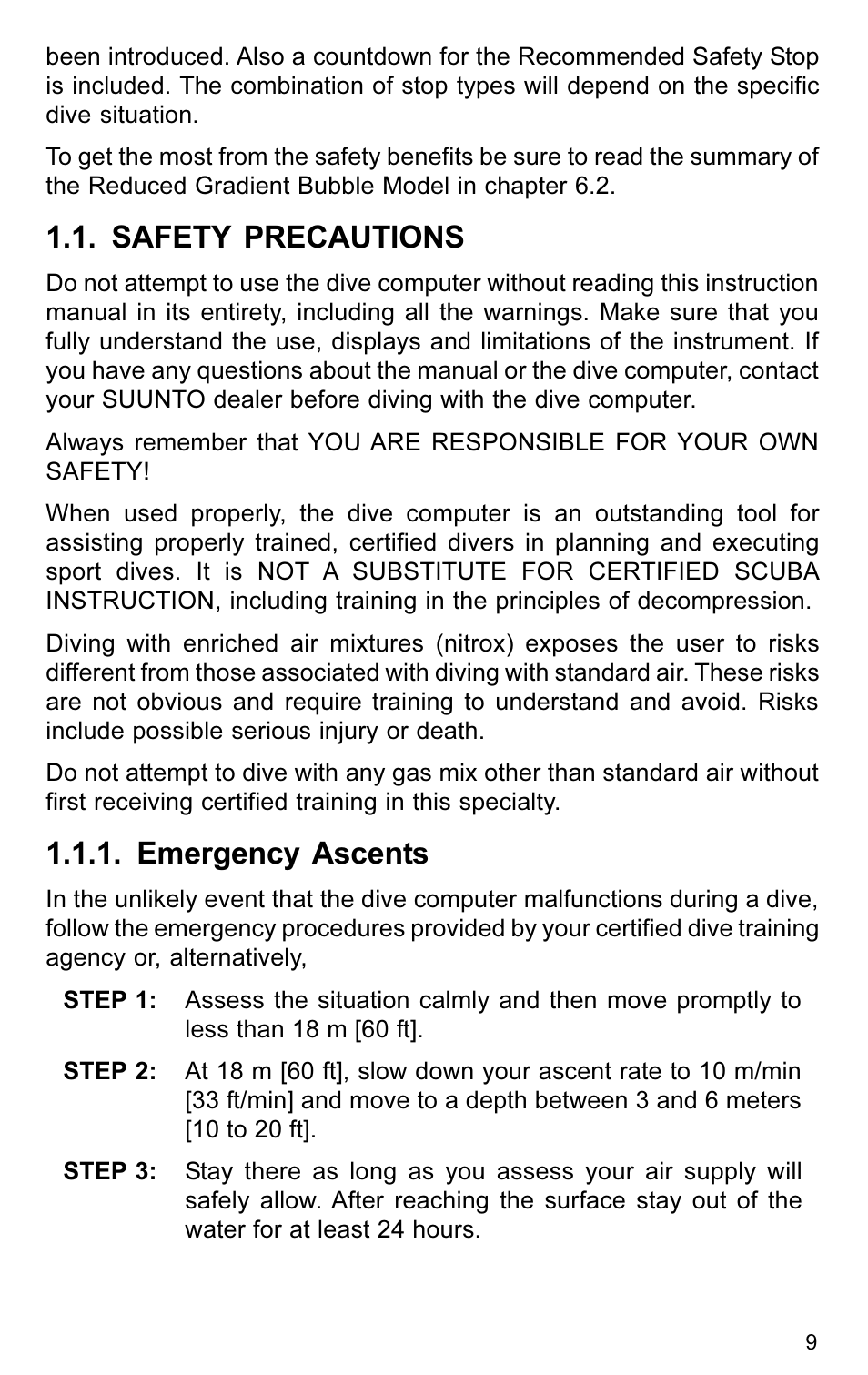 Safety precautions, Emergency ascents | SUUNTO VYTEC User Manual | Page 11 / 84