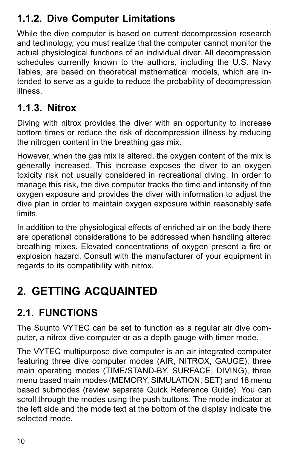 Getting acquainted, Dive computer limitations, Nitrox | Functions | SUUNTO VYTEC User Manual | Page 12 / 84