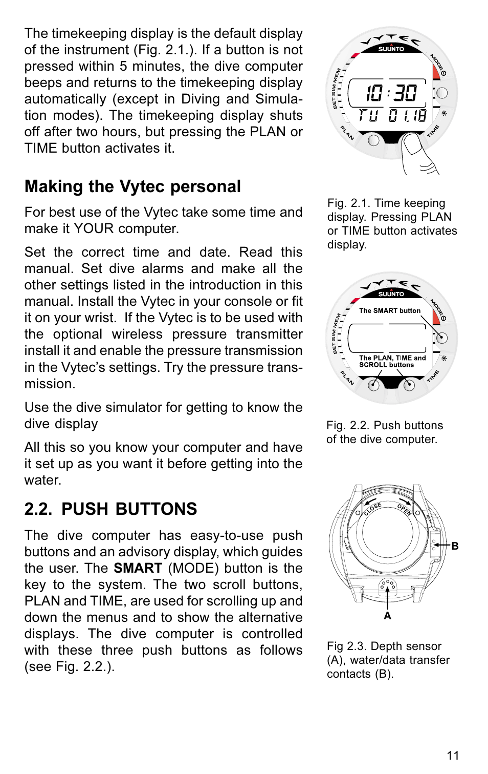 Making the vytec personal, Push buttons | SUUNTO VYTEC User Manual | Page 13 / 84