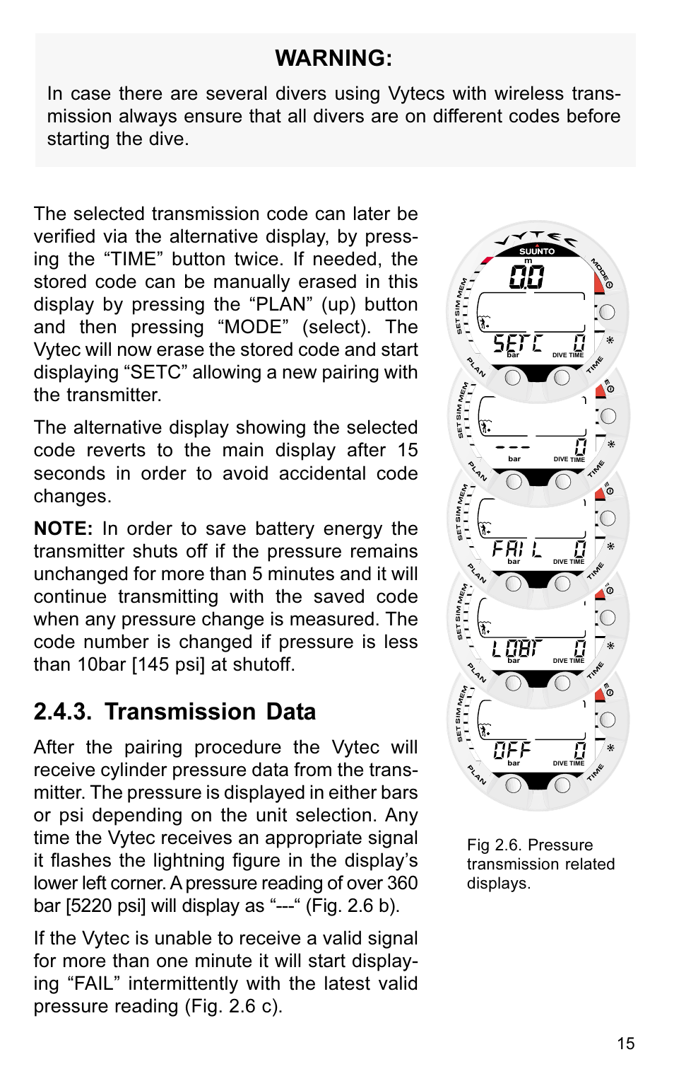 Transmission data, Warning | SUUNTO VYTEC User Manual | Page 17 / 84