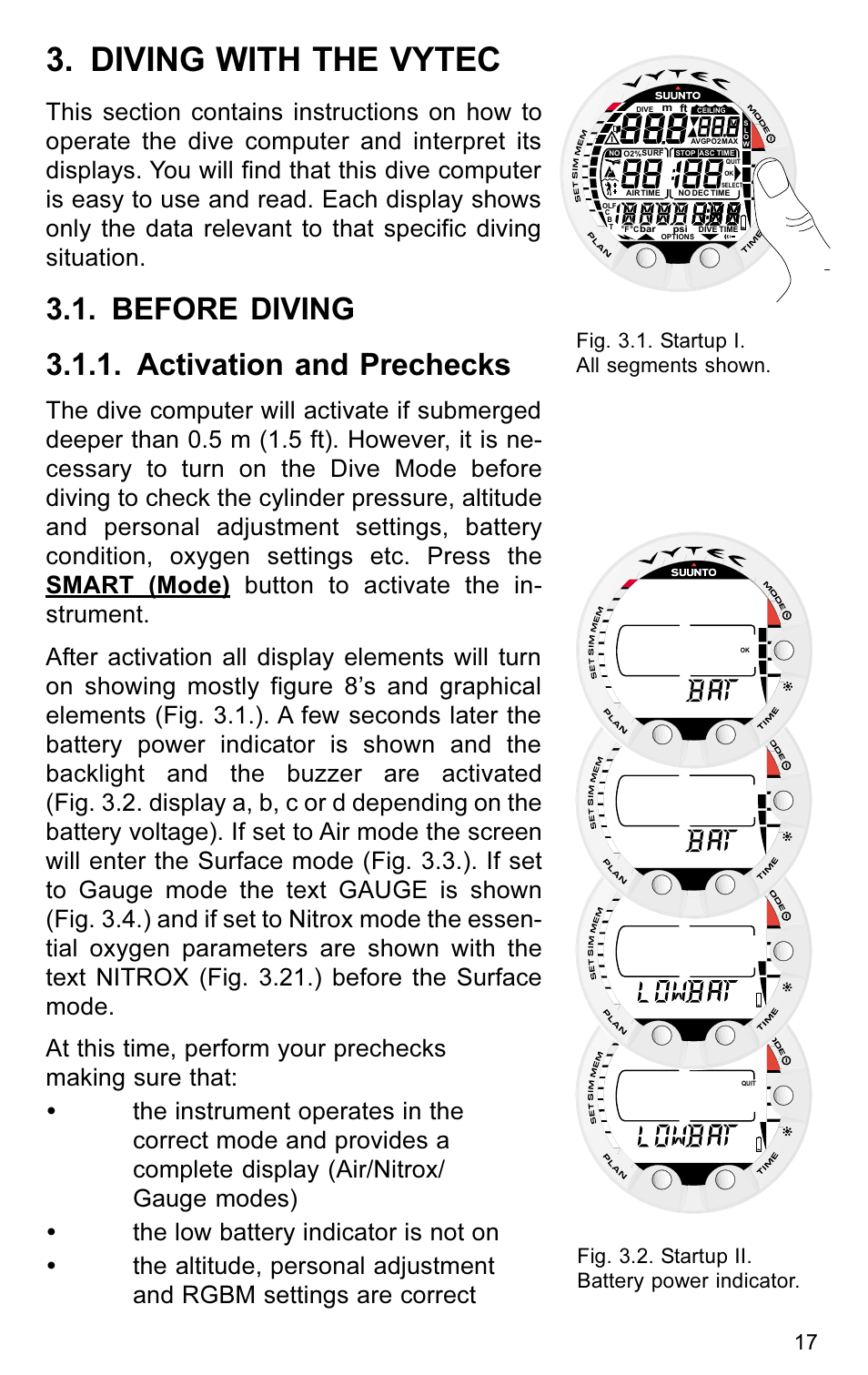 Diving with the vytec, Before diving 3.1.1. activation and prechecks | SUUNTO VYTEC User Manual | Page 19 / 84