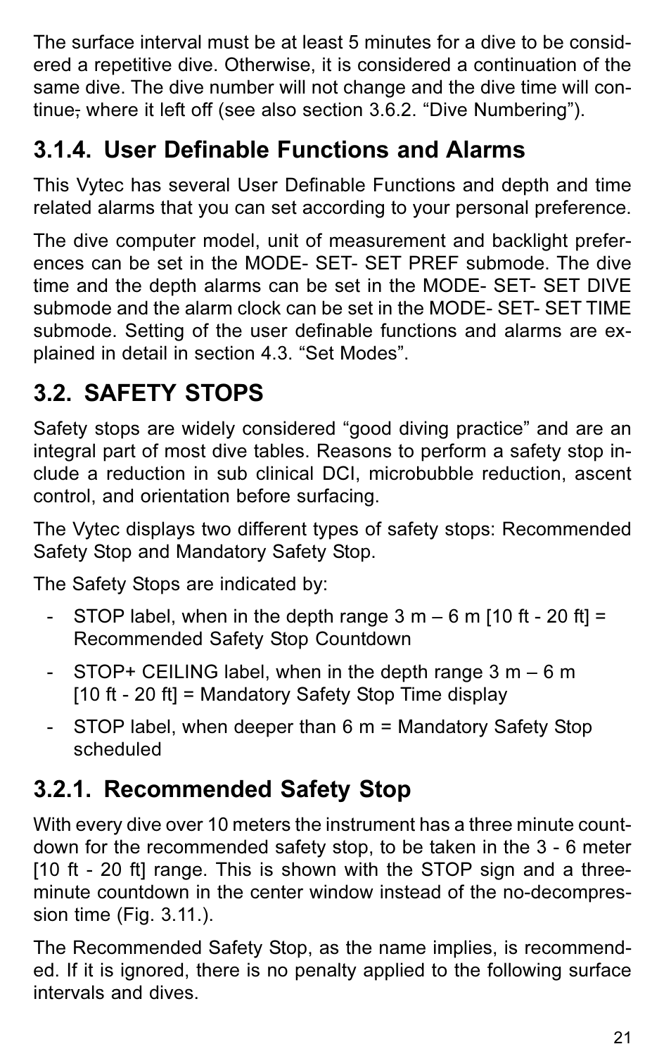 User definable functions and alarms, Safety stops, Recommended safety stop | SUUNTO VYTEC User Manual | Page 23 / 84