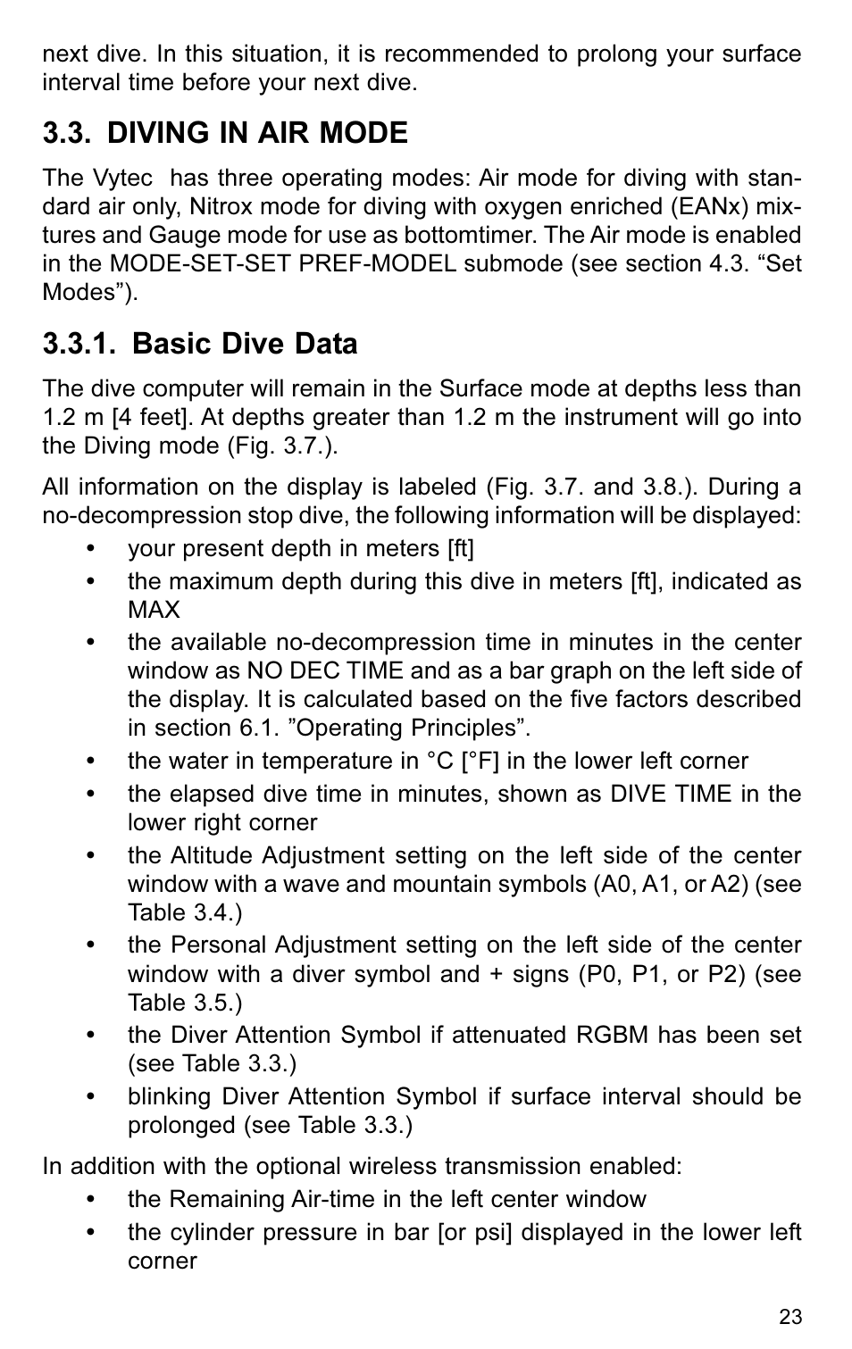 Diving in air mode, Basic dive data | SUUNTO VYTEC User Manual | Page 25 / 84