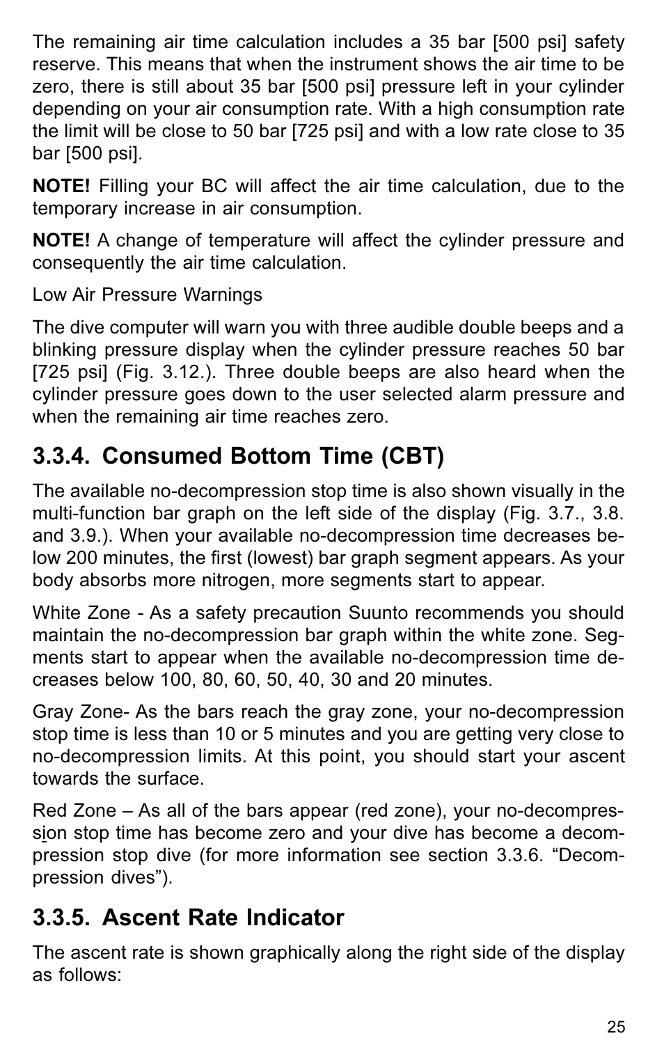 Consumed bottom time (cbt), Ascent rate indicator | SUUNTO VYTEC User Manual | Page 27 / 84