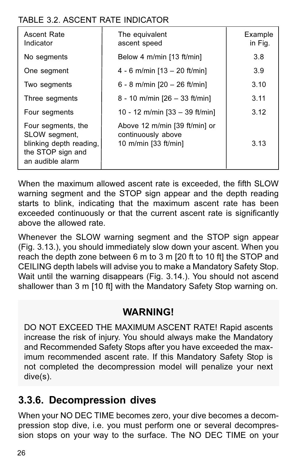 Decompression dives, Warning | SUUNTO VYTEC User Manual | Page 28 / 84