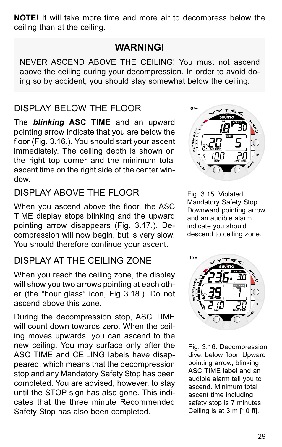 Warning, Display below the floor, Display above the floor | Display at the ceiling zone | SUUNTO VYTEC User Manual | Page 31 / 84