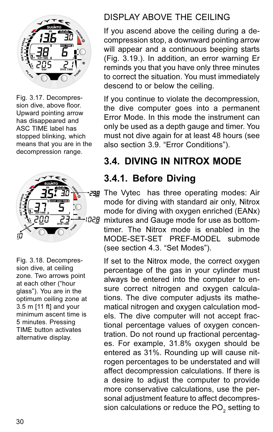 Diving in nitrox mode 3.4.1. before diving, Display above the ceiling, Setting to | SUUNTO VYTEC User Manual | Page 32 / 84