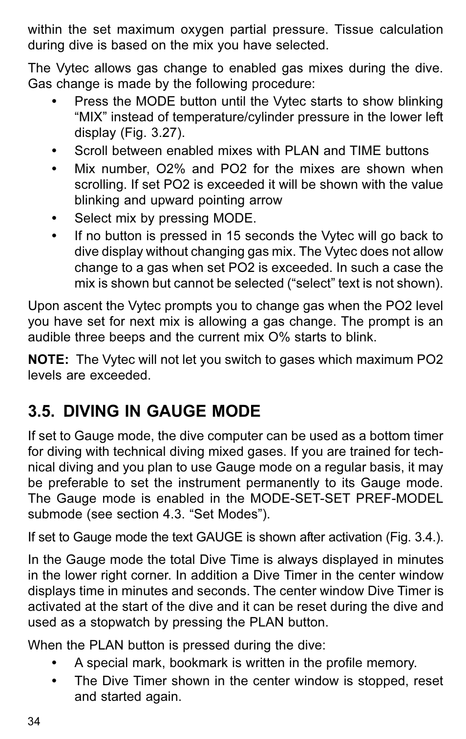 Diving in gauge mode | SUUNTO VYTEC User Manual | Page 36 / 84