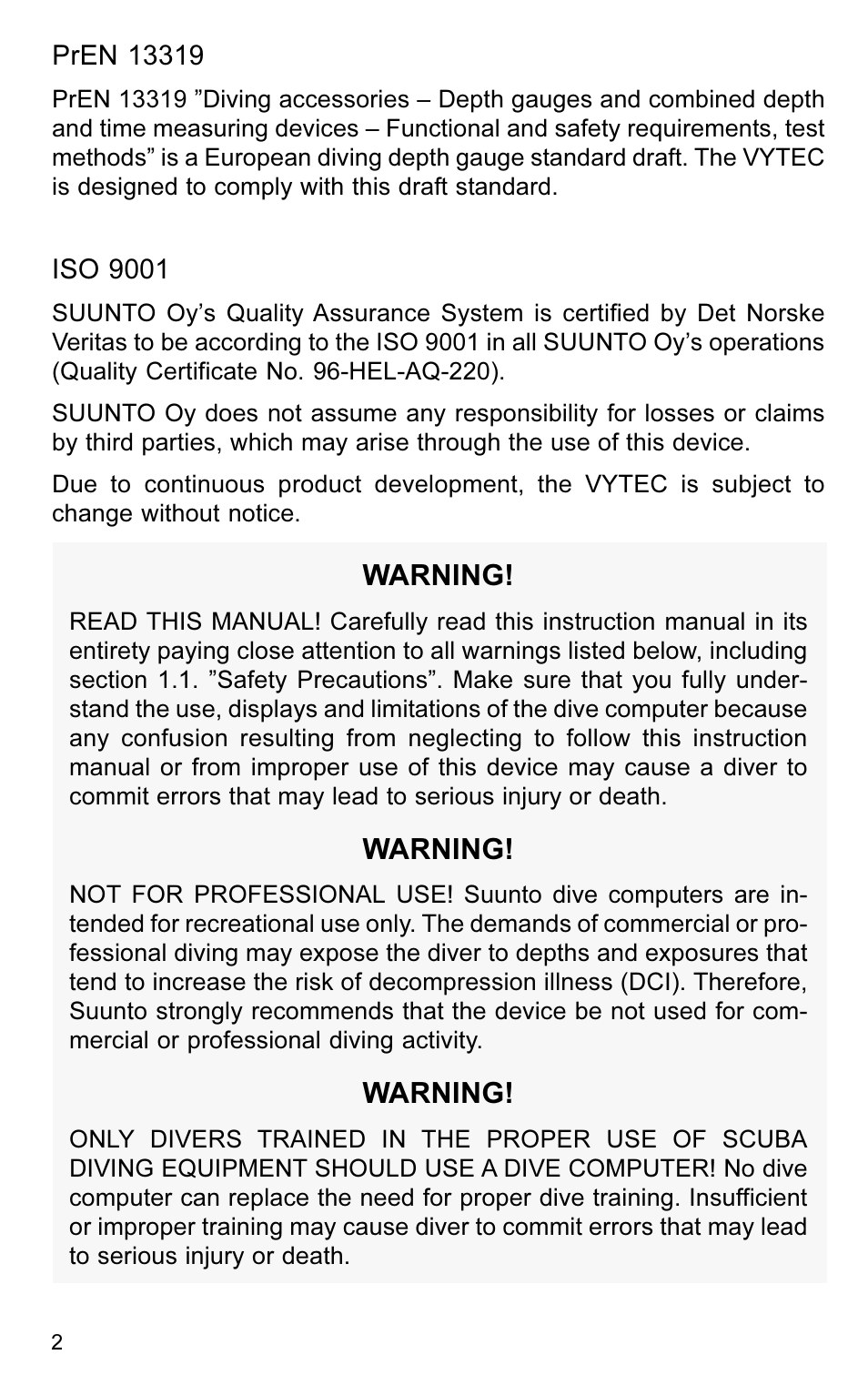 Warning | SUUNTO VYTEC User Manual | Page 4 / 84