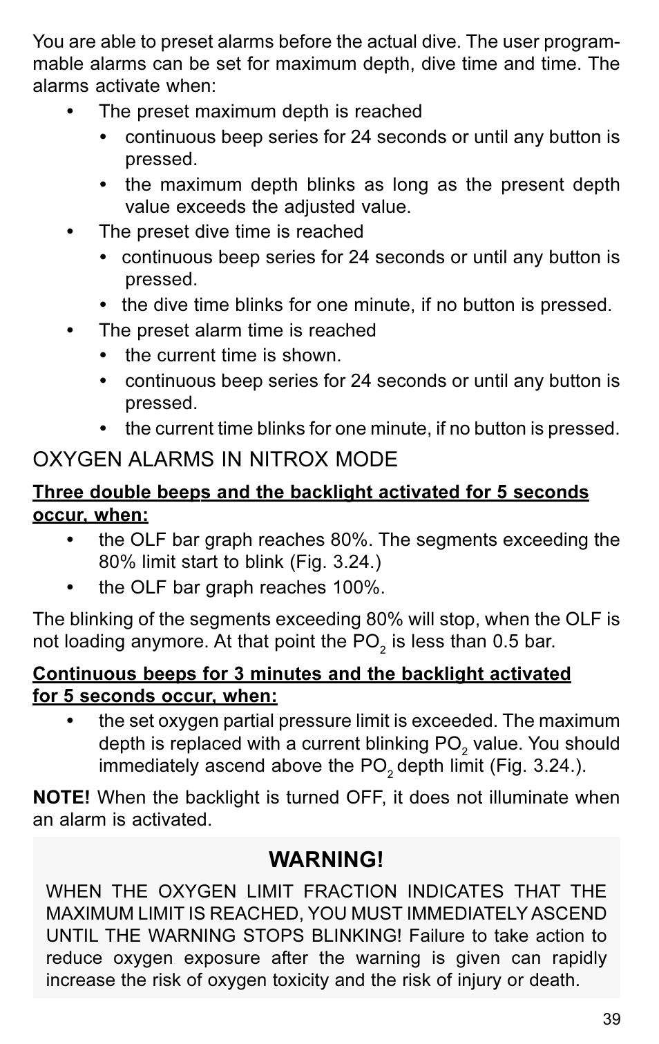 Warning, Oxygen alarms in nitrox mode | SUUNTO VYTEC User Manual | Page 41 / 84