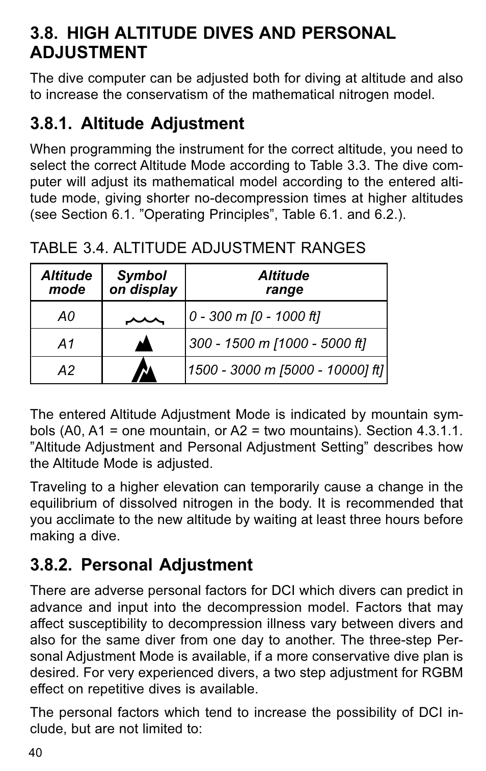 High altitude dives and personal adjustment, Altitude adjustment, Personal adjustment | SUUNTO VYTEC User Manual | Page 42 / 84