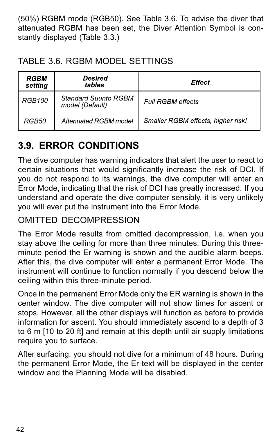 Error conditions | SUUNTO VYTEC User Manual | Page 44 / 84