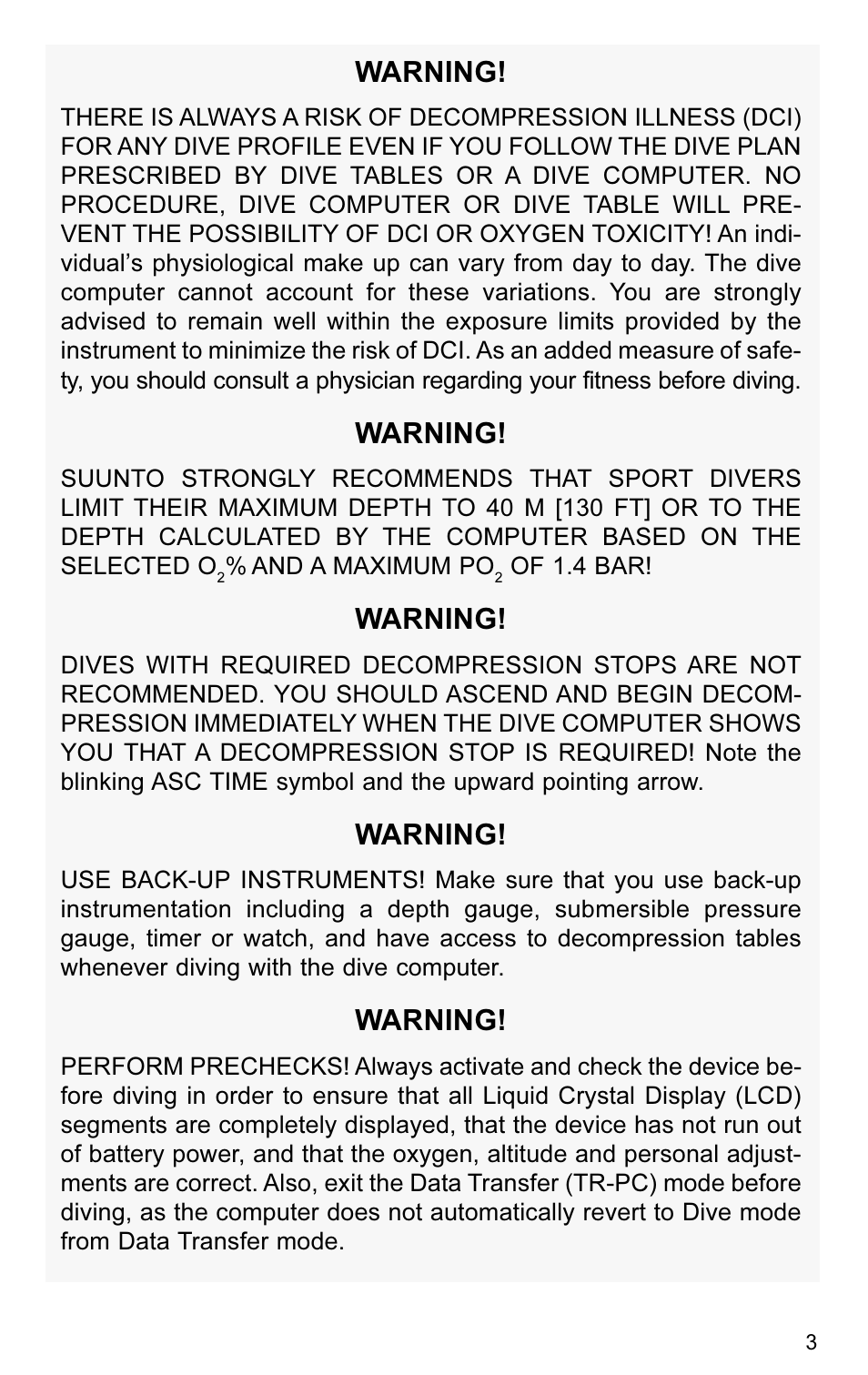 Warning | SUUNTO VYTEC User Manual | Page 5 / 84