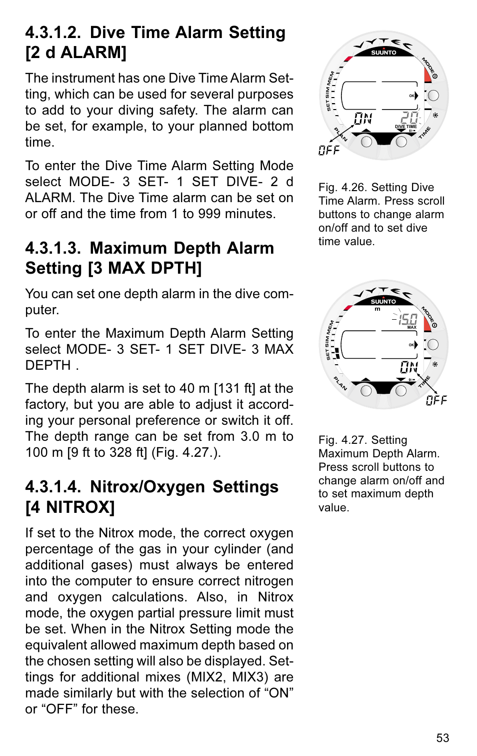 Dive time alarm setting [2 d alarm, Maximum depth alarm setting [3 max dpth, Nitrox/oxygen settings [4 nitrox | SUUNTO VYTEC User Manual | Page 55 / 84