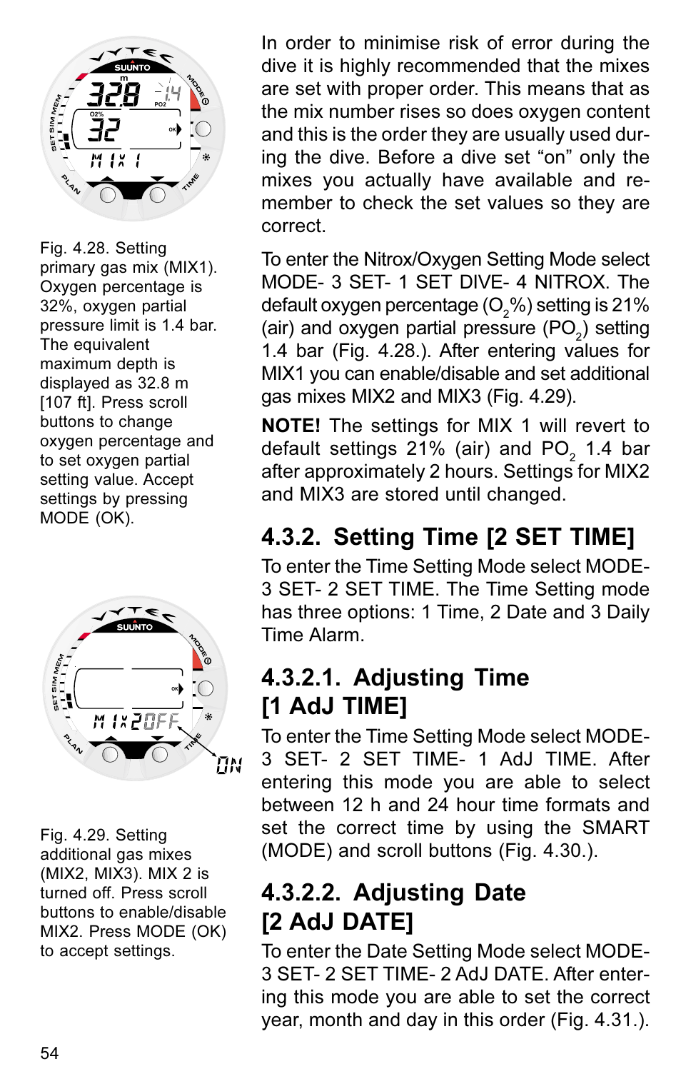 Setting time [2 set time, Adjusting time [1 adj time, Adjusting date [2 adj date | SUUNTO VYTEC User Manual | Page 56 / 84
