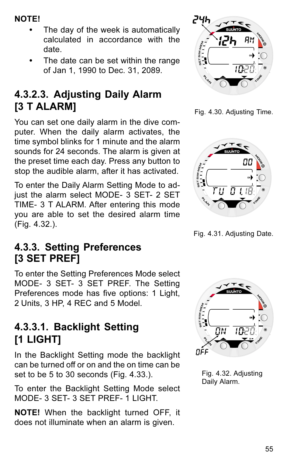 Adjusting daily alarm [3 t alarm, Setting preferences [3 set pref, Backlight setting [1 light | SUUNTO VYTEC User Manual | Page 57 / 84