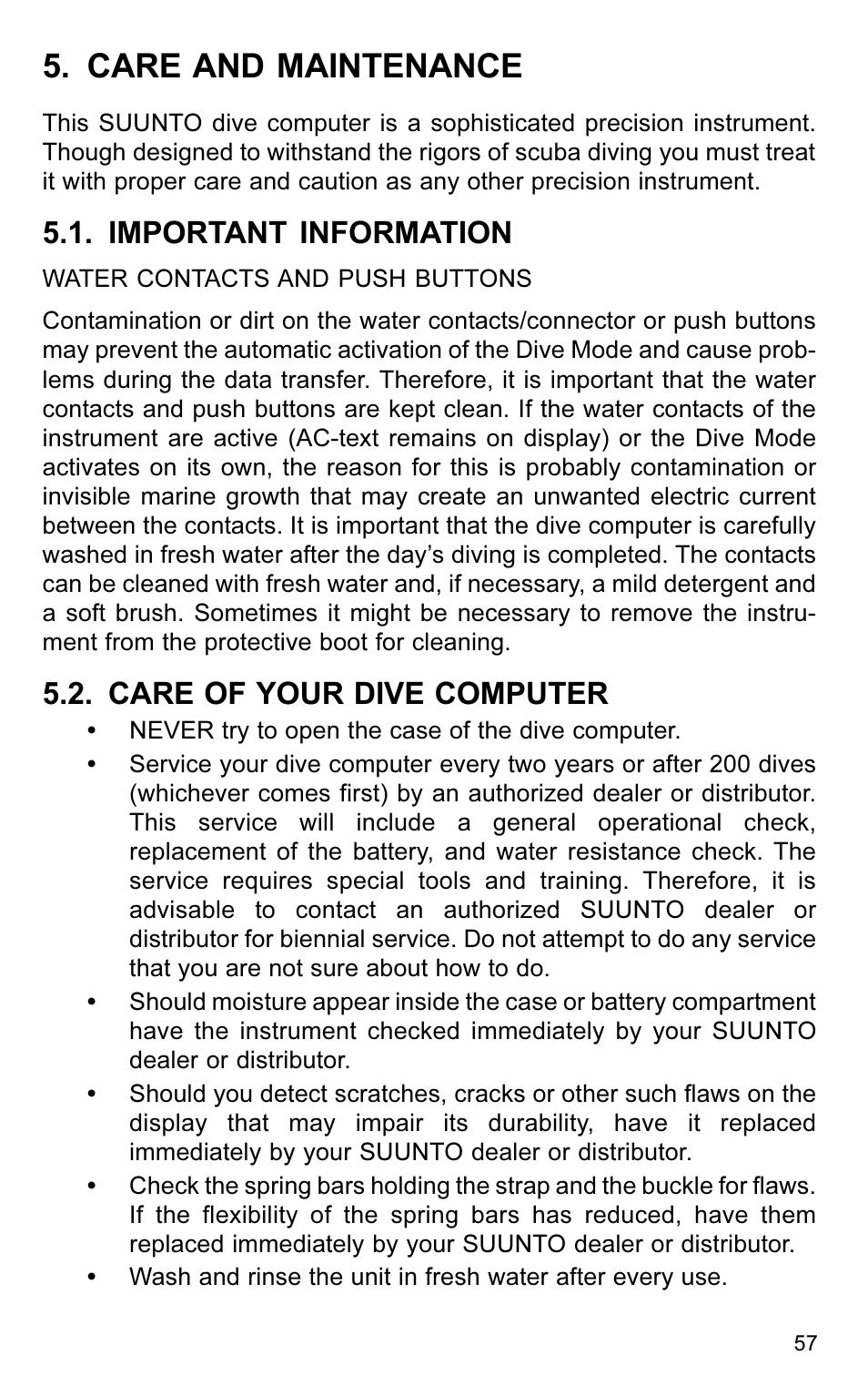 Care and maintenance, Important information, Care of your dive computer | SUUNTO VYTEC User Manual | Page 59 / 84