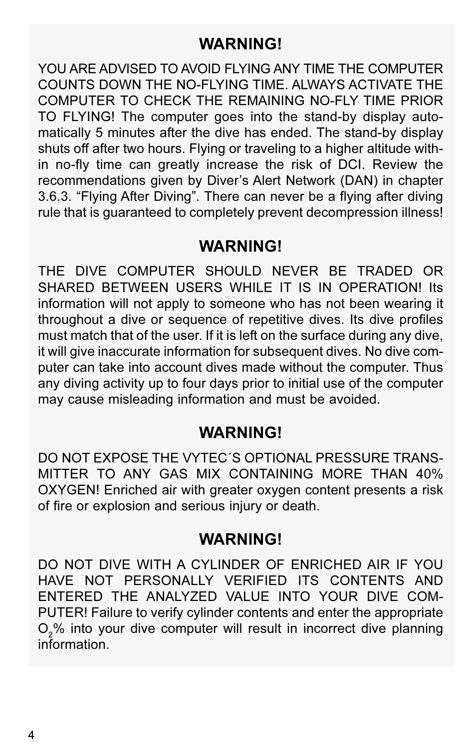 Warning | SUUNTO VYTEC User Manual | Page 6 / 84