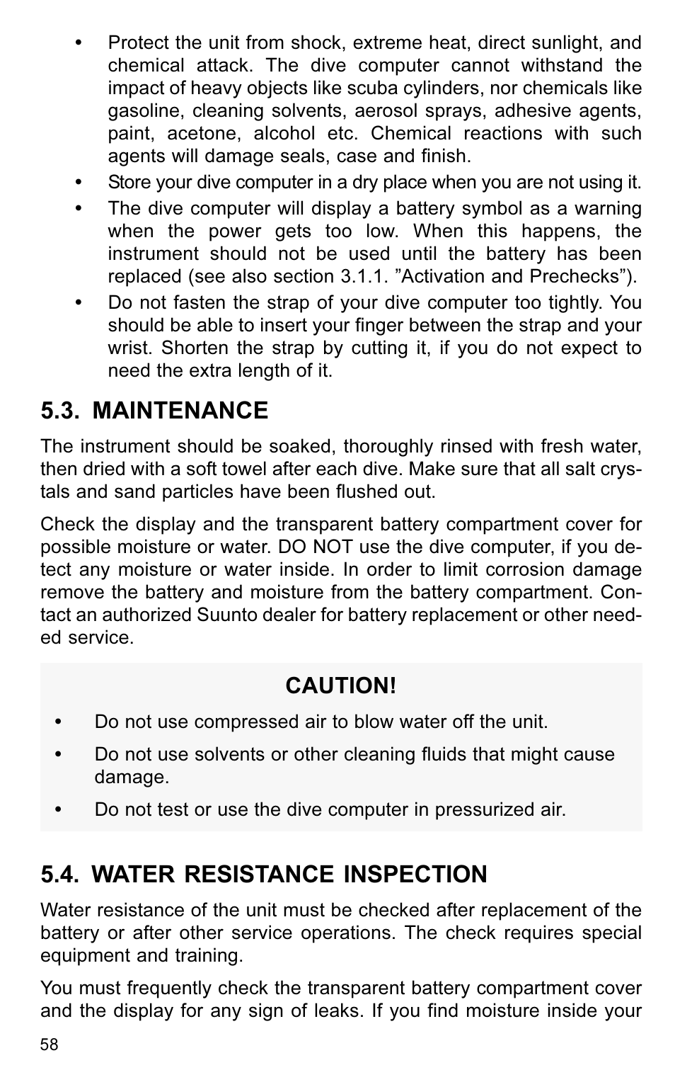 Maintenance, Water resistance inspection, Caution | SUUNTO VYTEC User Manual | Page 60 / 84
