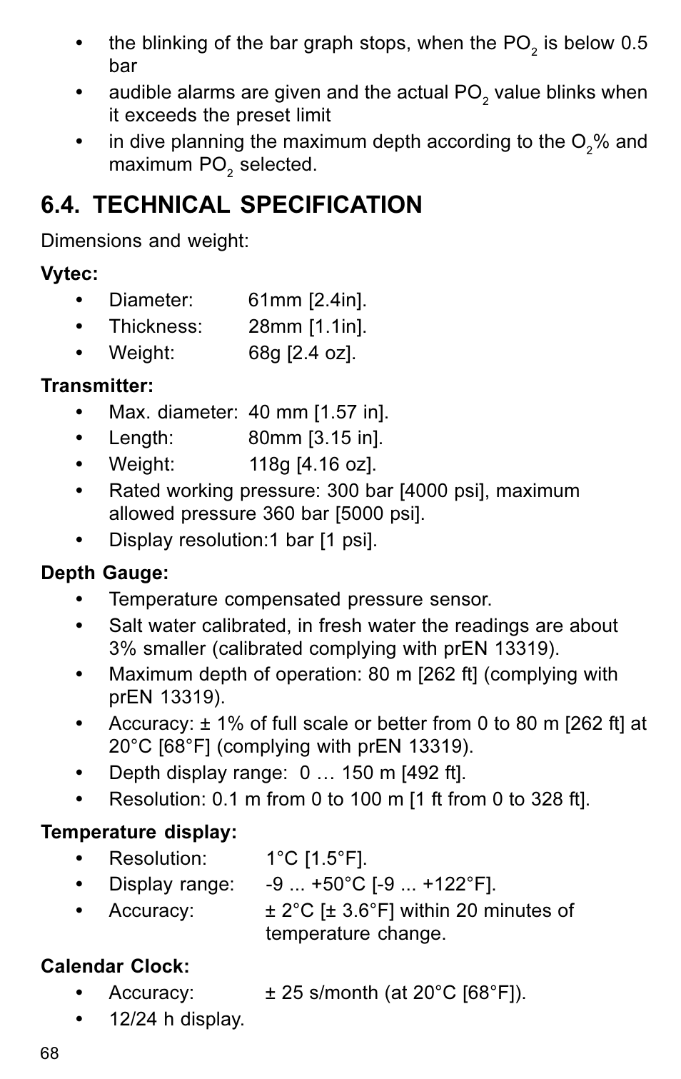 Technical specification | SUUNTO VYTEC User Manual | Page 70 / 84