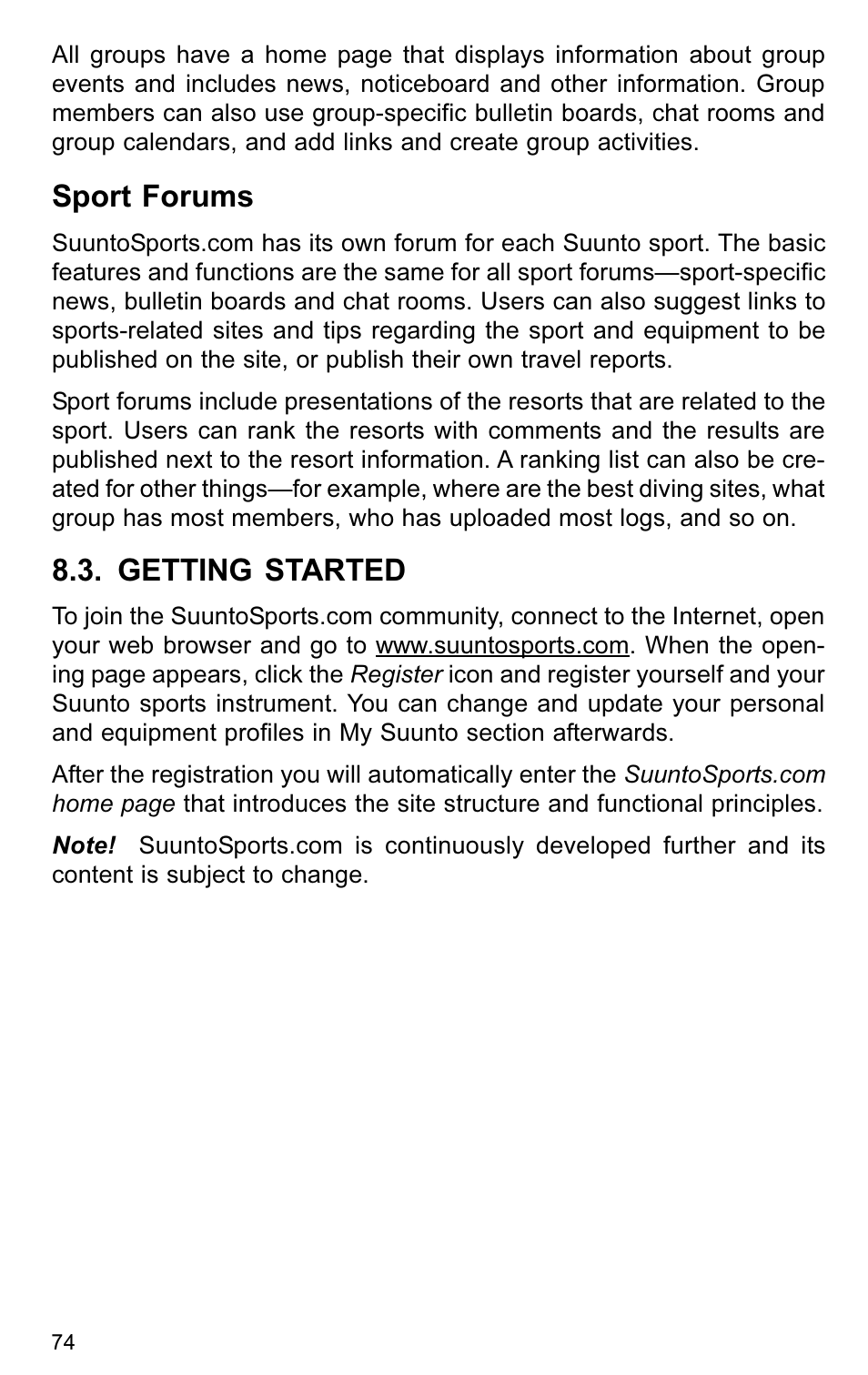 Sport forums, Getting started | SUUNTO VYTEC User Manual | Page 76 / 84