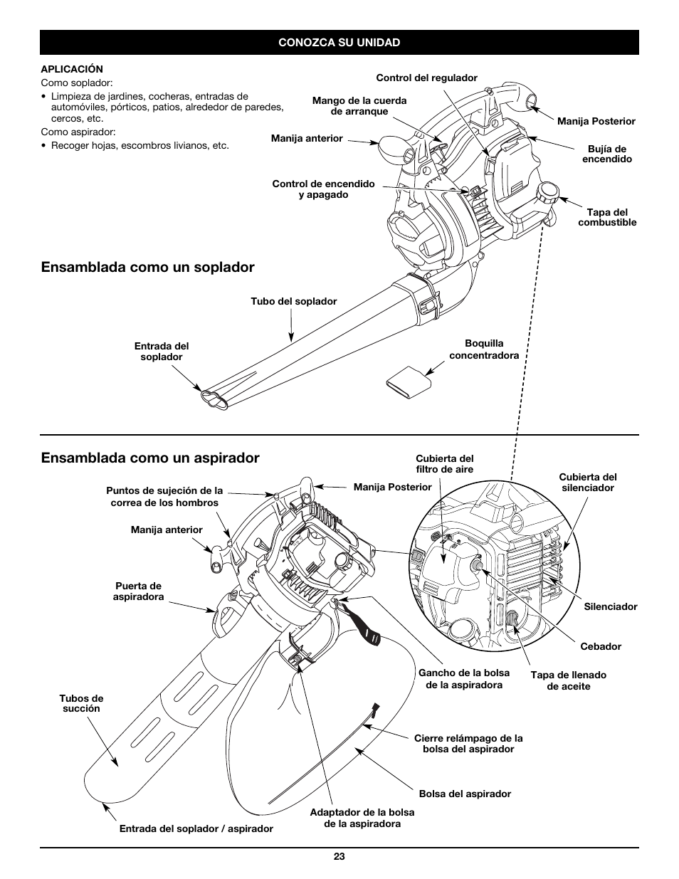 Ensamblada como un soplador, Ensamblada como un aspirador | Craftsman 316.79498 User Manual | Page 23 / 40